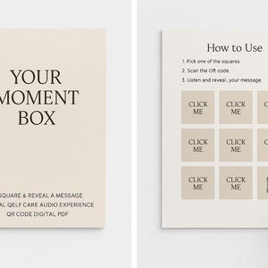 Sua Caixa de Momentos – Cartões de QR Code de Autocuidado – Escolha um Quadrado e Revele uma Mensagem (PDF Digital)