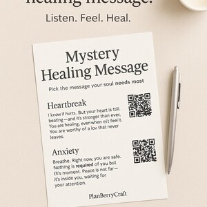 Carte de guérison mystère – Code QR avec 5 messages audio apaisants – Prendre soin de vous au format PDF à télécharger