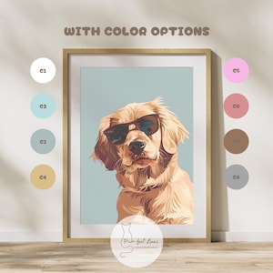 Golden Retriever Kunst Druck Lustiges Hunde Poster mit Sonnenbrille Golden Retriever Geschenk für Hundeliebhaber Individuelles Tier Porträt Dekor