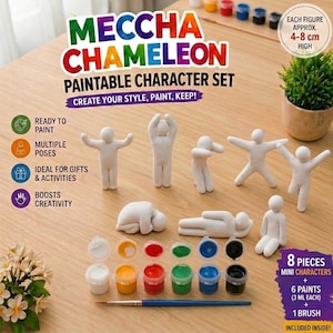 Puede incluir: Set de personajes para pintar Meccha Chameleon que incluye ocho figuras blancas en varias poses, seis pequeños botes de pintura en blanco, amarillo, rojo, verde, azul y negro, y un pincel. El texto dice Meccha Chameleon Paintable Character Set.