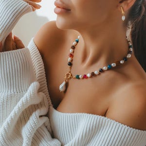 Bright Agate Pearl Necklace with Large Pearl Pendant Multicolored Stones Beaded Jewelry with 6mm Gemstones Gift for Her or Mother’s Day