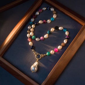 Bright Agate Baroque Pearl Necklace  Large Pearl Pendant Multicolored Stones Beaded Jewelry with 6mm Gemstones Gift for Her or Mother’s Day