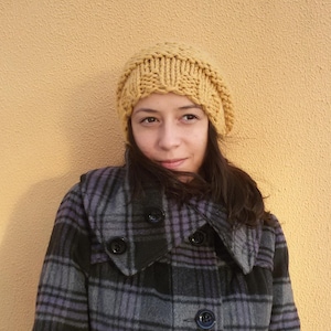 Berretto invernale in maglia grossa color giallo senape, berretto morbido, caldo e accogliente, da donna