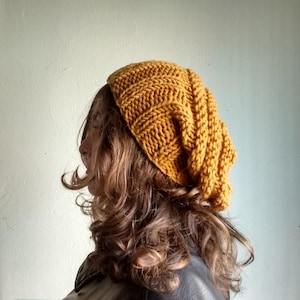 Cappello invernale in maglia giallo senape, berretto in maglia grossa, berretto largo, caldo e accogliente, cappelli invernali da donna