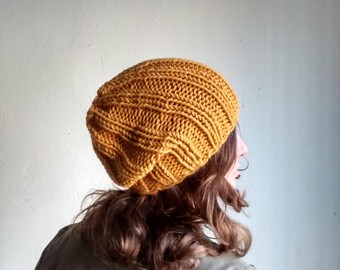 オーバーサイズニットベレー帽、マスタードイエローニット帽