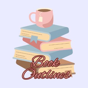 Puede incluir: Una pila de cuatro libros con una taza de té rosa en la parte superior. Los libros son marrones, azules y rosas. El texto "Book Outlines" está escrito en una fuente cursiva marrón debajo de los libros.