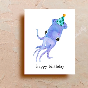 Watercolor Party Squid Birthday Card, Whimsical Greeting Cards, Art Cards, Funny Card, Hand Drawn, Blank Card, by Samun Arts