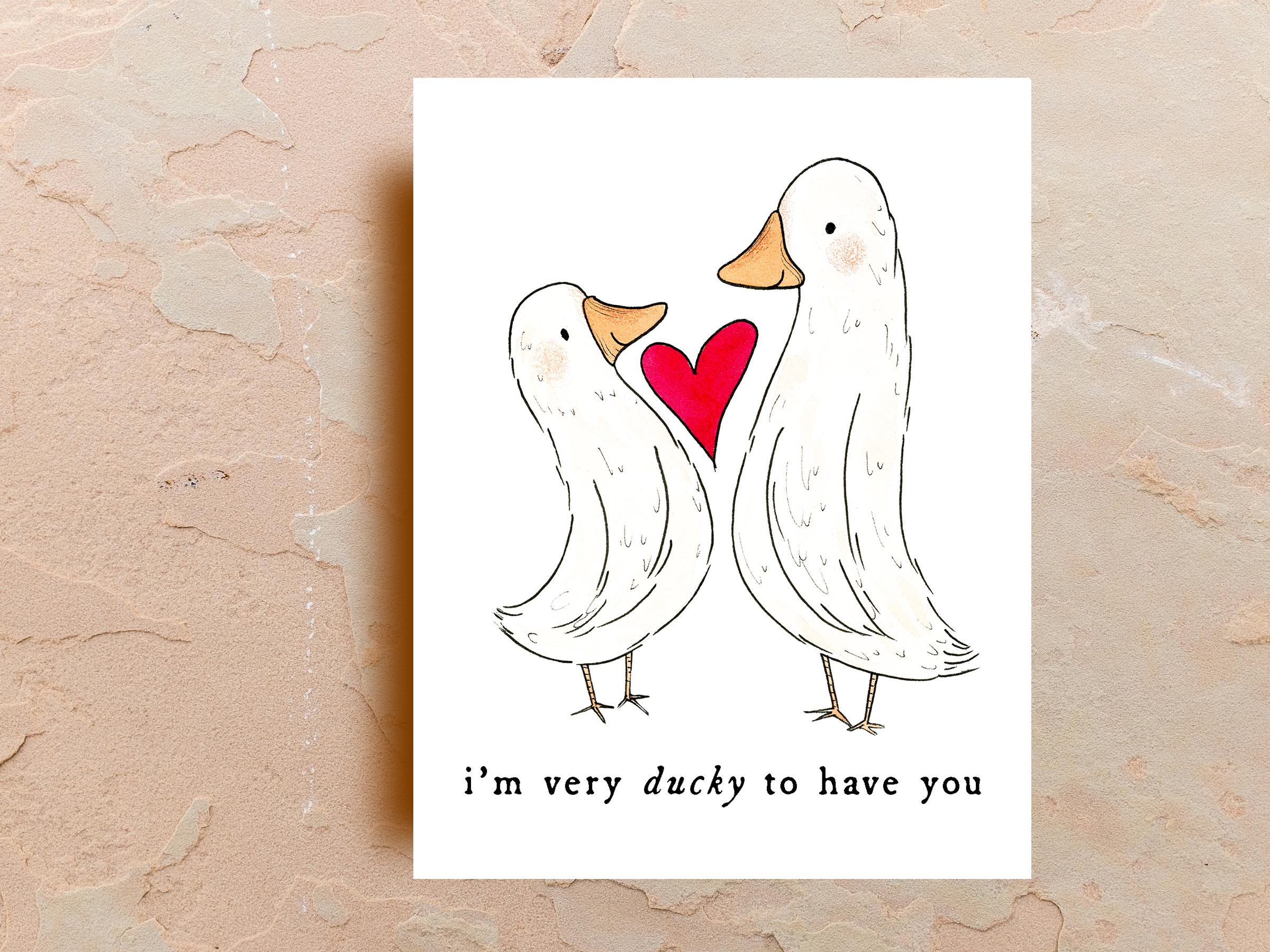 Watercolor Ducky to be in Love, Valentine's Card, Whimsical Greeting Cards, Art Cards, Funny Card, Hand Drawn, Blank Card, by Samun Arts
