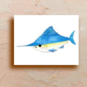Watercolor Swordfish Card, Whimsical Greeting Cards, Art Cards, Funny Card, Hand Drawn, Blank Card, by Samun Arts