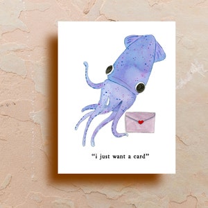 Watercolor Squid Card, Whimsical Greeting Cards, Art Cards, Funny Card, Hand Drawn, Blank Card, by Samun Arts