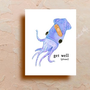 Watercolor Squid Get Well Card, Whimsical Greeting Cards, Art Cards, Funny Card, Hand Drawn, Blank Card, by Samun Arts