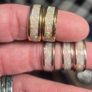 Pearl White Crushed Opal Inlay Ring, Gold Rose Gold Stainless Steel Band