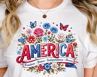America Flower Shirt, Patriotic Floral Tee, Independence Day Apparel