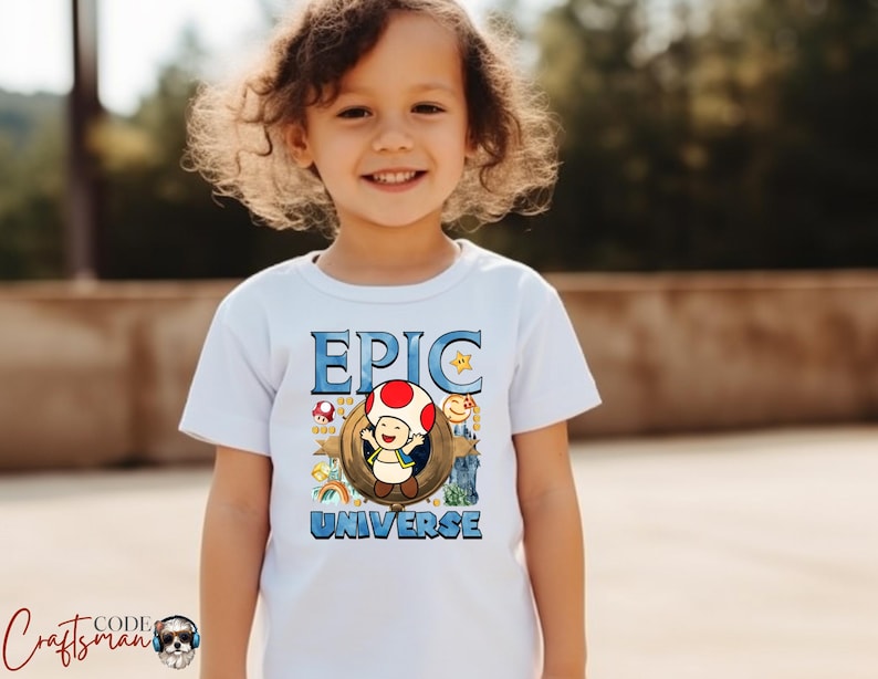 May include: A white t-shirt featuring the words "EPIC UNIVERSE" in blue, with a cartoon character design. The design includes a mushroom, a star, and other colorful elements. The shirt is worn by a young child.