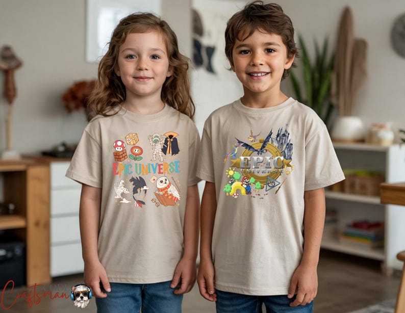 May include: Two children wearing beige t-shirts. The shirt on the left has the text "The Universe" with cartoon graphics. The shirt on the right has the word "EPIC" with cartoon graphics. Both shirts have short sleeves.