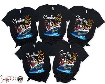 May include: Black t-shirts with a cruise ship graphic featuring Disney characters. The shirts have the text "Cruise Crew 2026" and family member labels like "Brother", "Sister", "Daddy", and "Mommy".