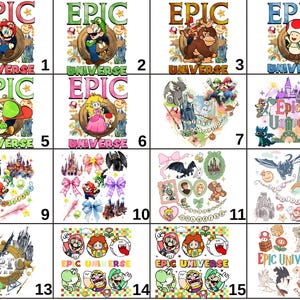May include: A collection of colorful graphic designs featuring characters from the Epic Universe. The designs include characters like Mario, Luigi, Donkey Kong, and Toad, with the words "EPIC UNIVERSE" in various colors.