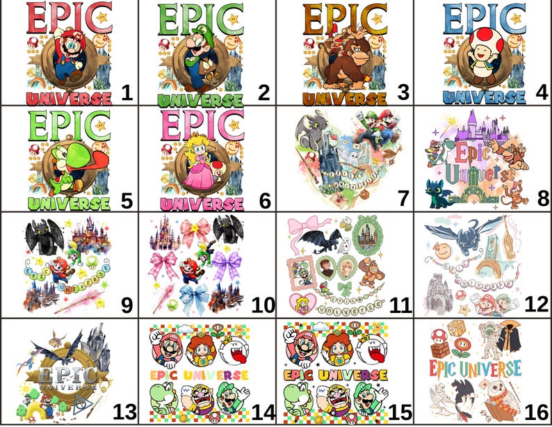 May include: A collection of colorful graphic designs featuring characters from the Epic Universe. The designs include characters like Mario, Luigi, Donkey Kong, and Toad, with the words "EPIC UNIVERSE" in various colors.
