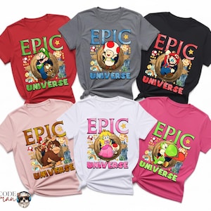 May include: Six short-sleeved t-shirts in red, grey, black, pink, white, and cerise. Each shirt features a Super Mario character and the words "EPIC UNIVERSE". The design includes characters like Luigi, Toad, Mario, Donkey Kong, Princess Peach, and Yoshi.