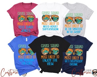 May include: A collection of six short-sleeved t-shirts in various colors, each featuring a unique graphic design. The design includes sunglasses with a beach scene and the words "Cruise Squad" and a humorous phrase like "Tell Dad Jokes."