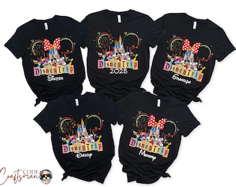 May include: Black t-shirts with a Disney Trip 2025 design. Each shirt features a Mickey Mouse head with a bow, a castle, and a group of Disney characters. The shirts are labeled with different family roles: Sister, Grandpa, Daddy, Mommy.