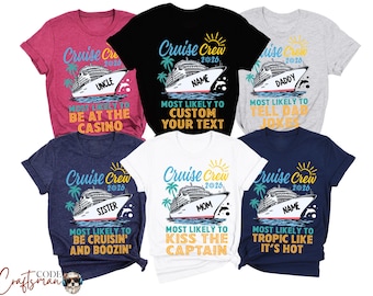 May include: A collection of colorful t-shirts with cruise-themed designs. Each shirt features a cruise ship graphic, the text "Cruise Crew 2026", and phrases like "Uncle", "Daddy", "Mom", and "Sister". The shirts are in various colors, including black, white, and navy.