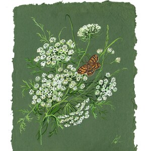Wild carrot flower and butterfly painting Floral decor Flowers art Wildflowers print Vintage style Queen Anne&#39;s lace