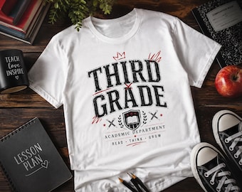 Third Grade Academic Department Teacher Shirt, Retro Collegiate Read Think Grow Tee