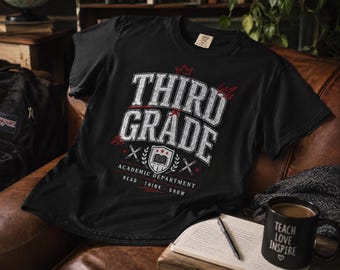 Third Grade Academic Department Teacher Shirt, Retro Collegiate Read Think Grow Tee