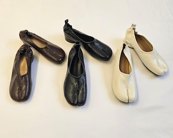 Leather Tabi Shoes Split Toe Loafers Japanese Style Womens Mary Janes Handmade Retro Flats Moccasins Shoes