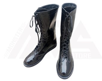 Men Women Handmade Leather Wrestling Black Boots, Custom Pro Wrestling Black Patent Leather Shoes, Front Laces Black Boots