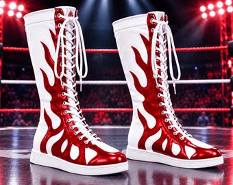 Men Women Custom Red Flame Leather Wrestling Boot, Handmade Modern Pro Wrestling Shoes, Fashion Wrestling Boots Men's , Wrestler Gifts