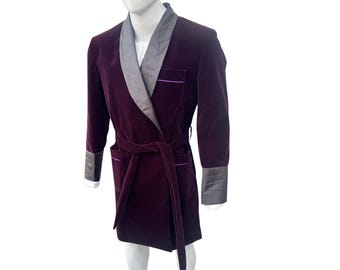Men Smoking Robe Purple Jacket, Quilted Robe Smoking Velvet Long Dinner Jacket, Smoking Jackets Long Gown For Men, Gift For Him