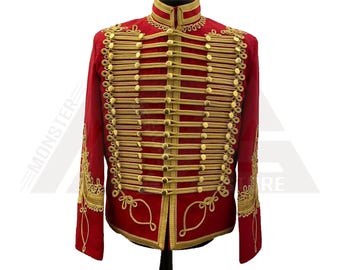 Hussar Military Red Jacket, Napoleonic Hussar Jacket With Golden Braid, Military Style Tunic pelisse Hussar Uniform Jacket, Husband Gifts