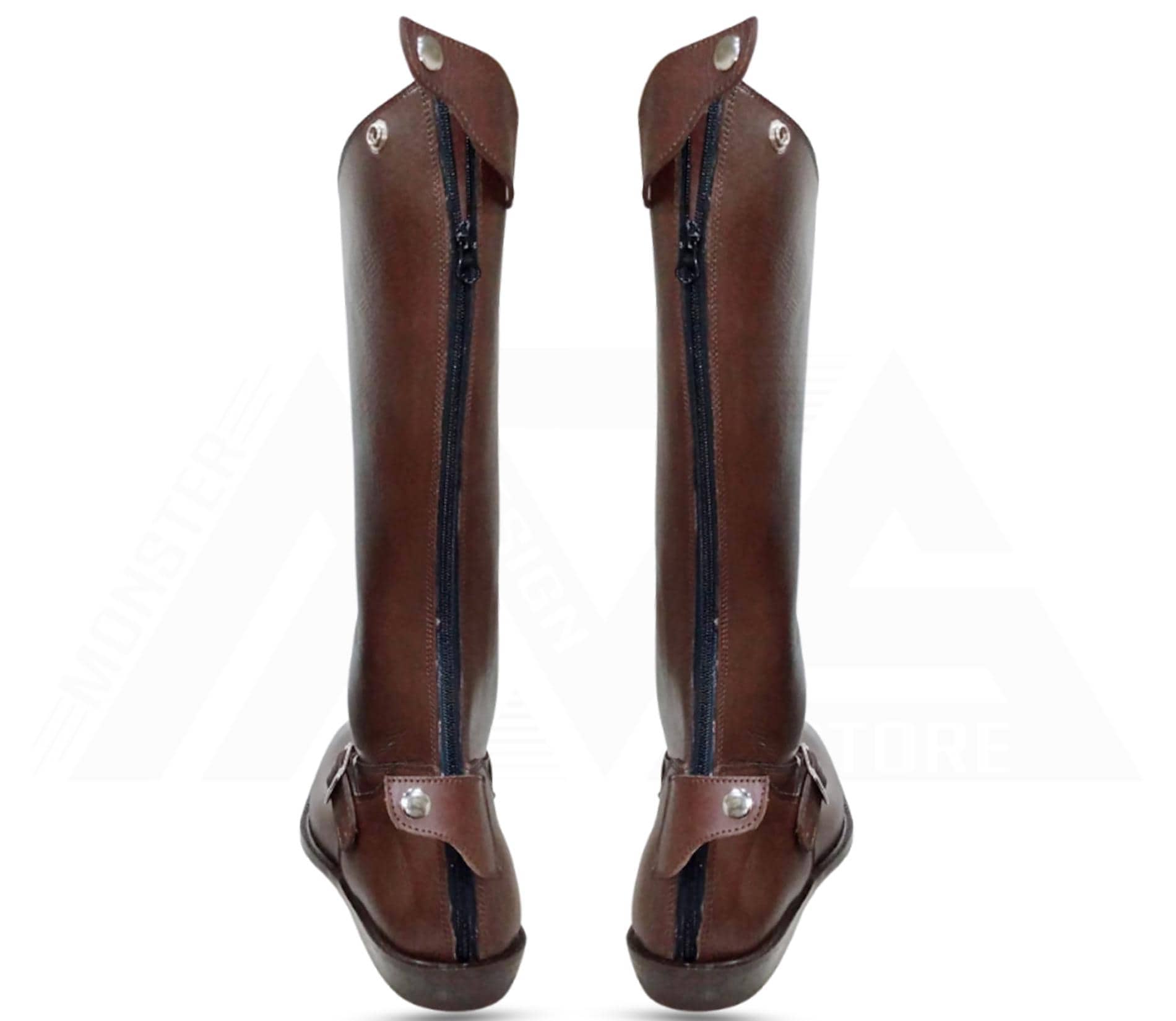 Horse Riding Long Leather Brown Boots With Front Buckles, Zipper ...