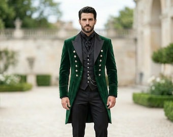 Men’s Jacket Steampunk Green Velvet Tailcoat, Gothic Victorian Long Coat For Men's, Wedding Gifts For Men's