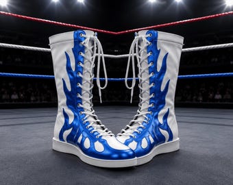 Men Women Custom Leather Blue Flame Wrestling Boot, Handmade Cowhide Wrestling Shoes, Fashion Wrestling Boots , Wrestling Gifts Boots