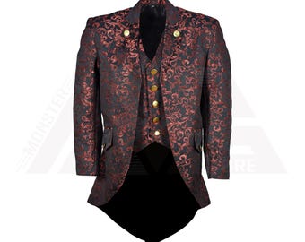 Men's Red Steampunk Tailcoat, Handmade Gothic Brocade Tailcoat, Men Steampunk Vintage Tailcoat, Victorian Fashion Coat, Husband Gifts