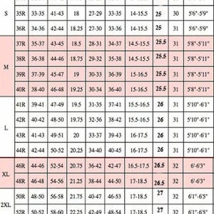 May include: Size chart for jackets with measurements in inches for chest, over arm, shoulder, waist, hip, neck, sleeve, length, and height.