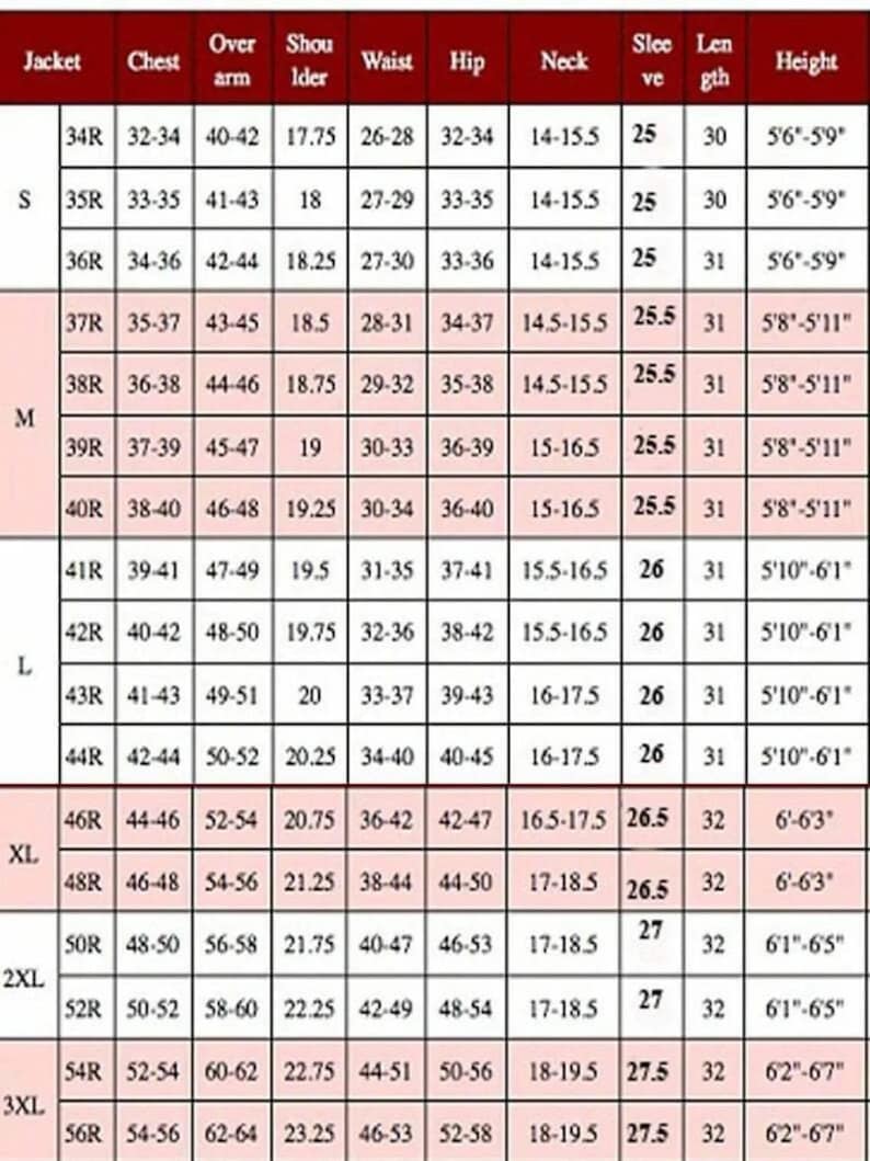 May include: Size chart for jackets with measurements in inches for chest, over arm, shoulder, waist, hip, neck, sleeve, length, and height.