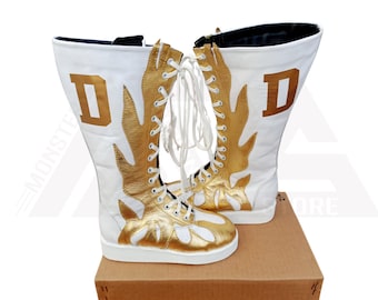 Stivali da wrestling bianchi e oro da uomo e da donna con logo personalizzato, stivali in pelle personalizzabili, stivali lunghi in pelle di vacchetta, regali di nozze