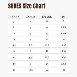 May include: Shoe size conversion chart showing US, UK, EU, and inch sizes. The chart shows sizes from 5 to 11 in US sizes.