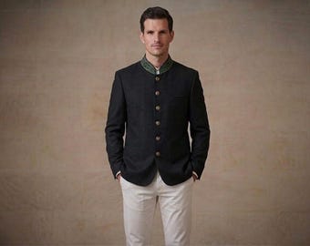 Men’s Traditional Bavarian Trachten Jacket, German Black Oktoberfest Coat, Handmade Embroidered Collar Jacket, Wedding Gift