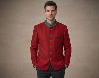Men's Traditional Bavarian German Red Trachten Jacket For Men, Handmade Collar Embroidery on Bavarian Trachten Jacket