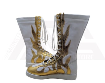 Stivali da wrestling lunghi in pelle bianca e oro personalizzati da uomo e donna, stivali da wrestling in vera pelle di mucca, stivali da wrestling alla moda con lacci anteriori