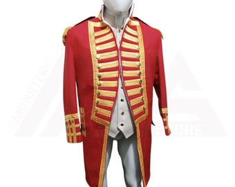 Men's British Red Military Jacket, Steampunk Red Admiral Hussar Uniform Jacket, Officer Tunic Uniform For Men's, Husband gifts