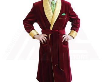 Men Long Smoking Robe Jacket, Quilted Robe Smoking Velvet Party wear Velvet Long Dinner Coat, Men's Smoking Jackets Long Gown, Husband Gifts