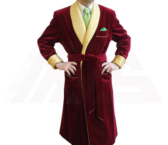 Men Long Smoking Robe Jacket, Quilted Robe Smoking Velvet Party wear Velvet Long Dinner Coat, Men's Smoking Jackets Long Gown, Husband Gifts