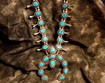 Vintage Navajo Squash Blossom Turquoise Necklace