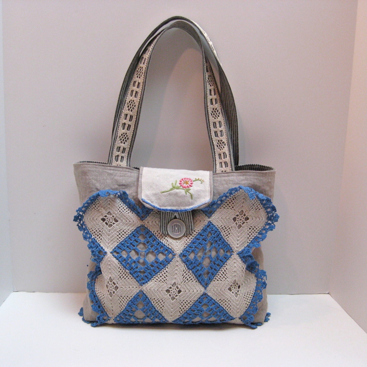 Linen Bag with Vintage Crochet Applique medium | Etsy